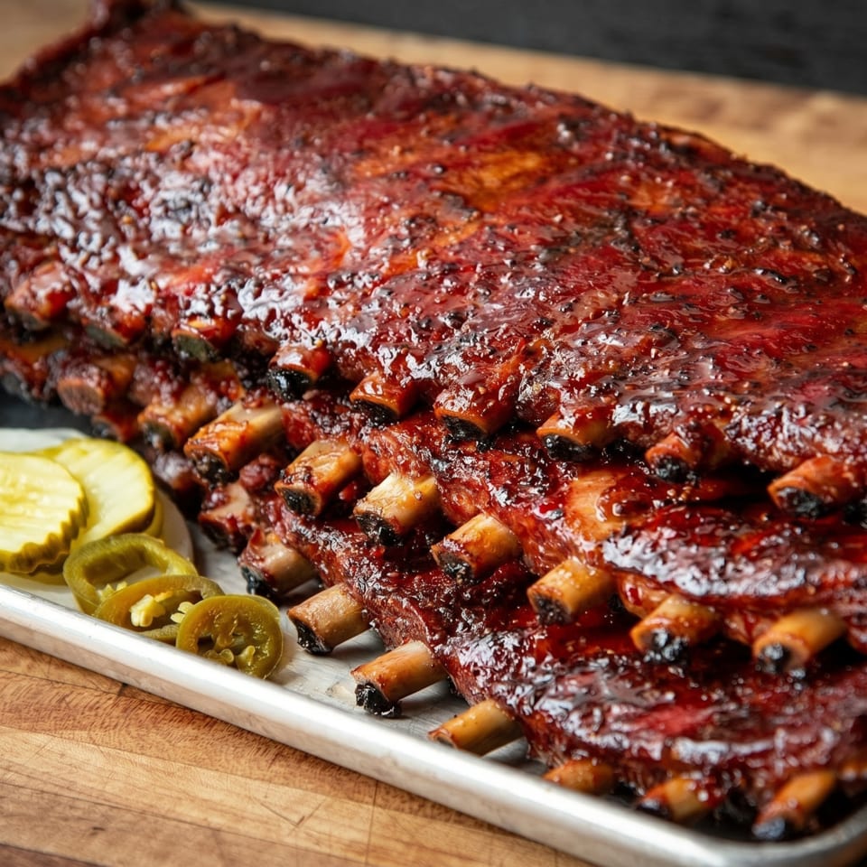 Rack of BBQ ribs with glistening sauce, served with sliced pickles and jalapeños on a metal tray.