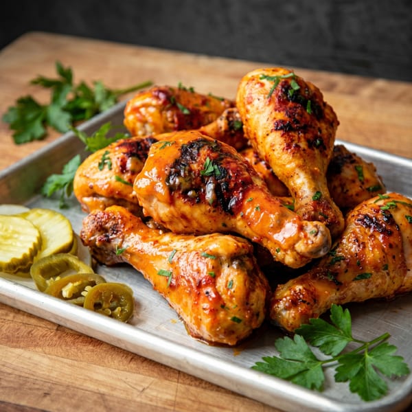 Grilled chicken drumsticks with herbs, pickles, and jalapeños on a metal tray.